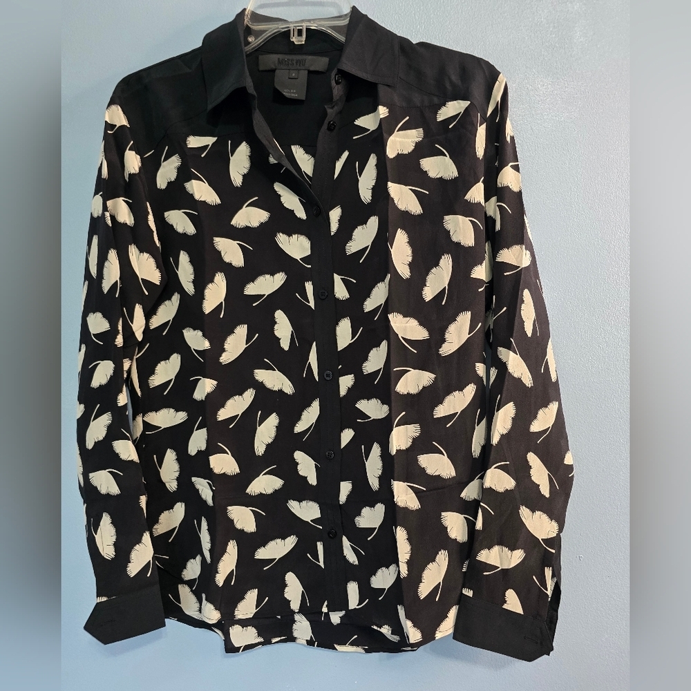Jason Wu Miss Wu Silk Feather Print Womens Button Down Shirt Black Size 0